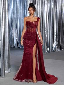 Glamrae 优雅奢华刺绣亮片蕾丝拼布缎面性感大腿高开衩美人鱼裙，带侧褶饰边，适合婚礼、派对、舞会、宴会（重度装饰） - 酒紅色 - 查看 6