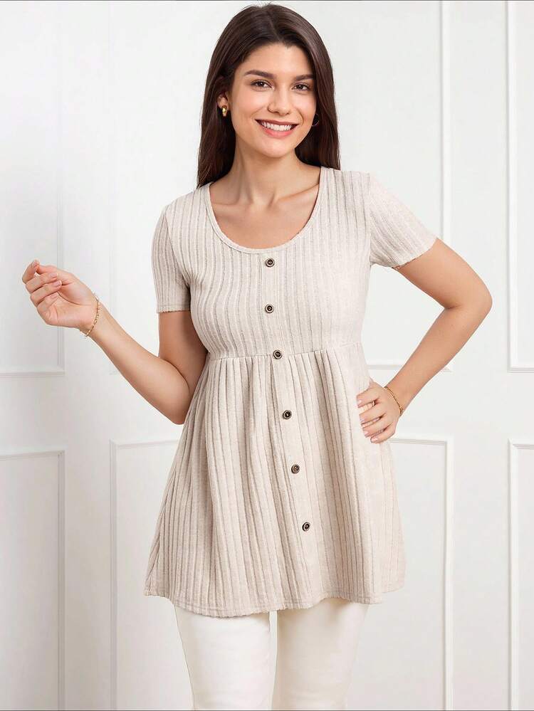 Women's Solid Color Front Button Short Sleeve Casual T-Shirt, Everyday Wear