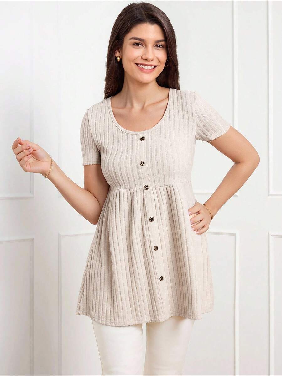 Miaspire 女士纯色前扣短袖休闲 T 恤，日常穿着