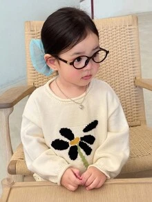 DAZY 女童圆领拼色花卉印花长袖毛衣，秋冬款 - 白色 - 查看 6