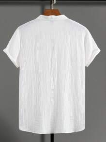 Manfinity Homme 男士纯色开领短袖休闲纹理面料衬衫，夏季 - 白色 - 查看 2