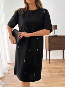 EURMUSE Vestido corto sudadera con detalles de bordado de strass para mujer - Negro - Ver 6