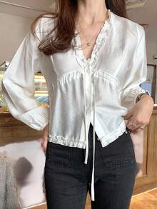 DAZY Women's Solid Color Frill Trim V-Neck Lantern Sleeve White Blouse, Spring/Autumn Long Sleeve Top - White - View 3