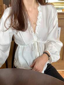 DAZY Women's Solid Color Frill Trim V-Neck Lantern Sleeve White Blouse, Spring/Autumn Long Sleeve Top - White - View 6