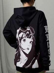 Teen Girl Street Punk Rock Girl Street Culture Oversized Anime Loose Zip-Up Sweatshirt - Black - View 2