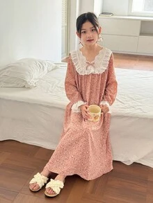 Tween 女童碎花 V 领长袖宽松休闲睡袍，度假休闲碎花长袖连衣裙 - 粉色 - 查看 6