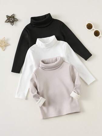 SHEIN 3pcs/Set Baby Boys/Girls Casual Elastic Comfortable High Collar Base Layer Top, Thermal Lined, Soft, Solid Color, Versatile For Autumn/Winter Baby Turtleneck Sweater Baby Solid Color Turtleneck Toddler Turtleneck Shirt Baby Long Sleeve Turtleneck Baby Knit Turtleneck Fall