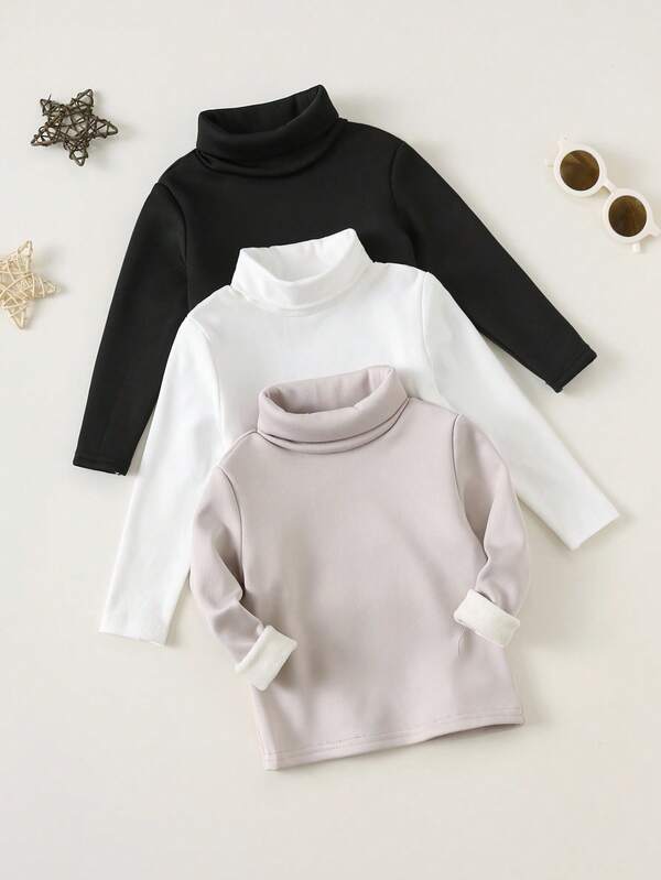 SHEIN 3pcs/Set Baby Boys/Girls Casual Elastic Comfortable High Collar Base Layer Top, Thermal Lined, Soft, Solid Color, Versatile For Autumn/Winter Baby Turtleneck Sweater Baby Solid Color Turtleneck Toddler Turtleneck Shirt Baby Long Sleeve Turtleneck Baby Knit Turtleneck Fall