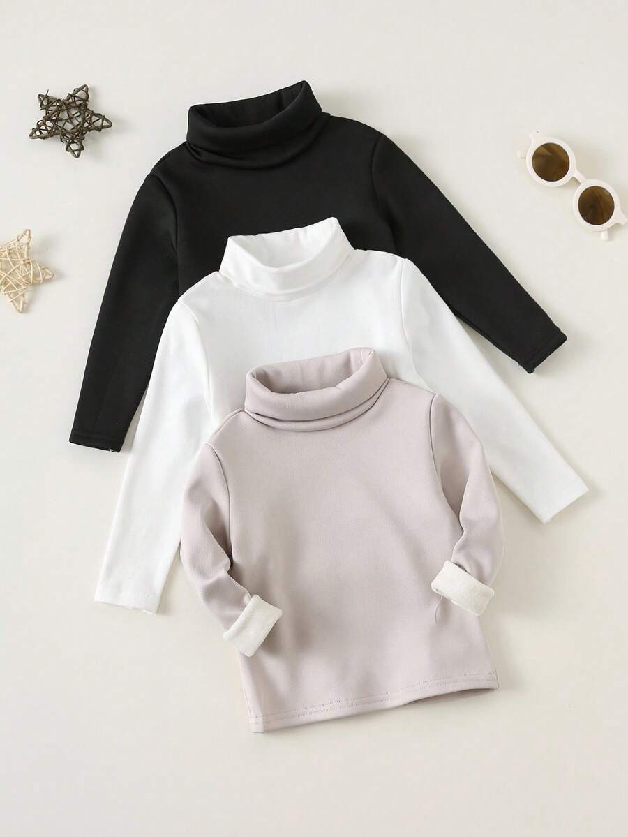 SHEIN 3pcs/Set Baby Boys/Girls Casual Elastic Comfortable High Collar Base Layer Top, Thermal Lined, Soft, Solid Color, Versatile For Autumn/Winter Baby Turtleneck Sweater Baby Solid Color Turtleneck Toddler Turtleneck Shirt Baby Long Sleeve Turtleneck Baby Knit Turtleneck Fall