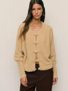 Nöista Beige Fuzzy Cardigan With Toggle Buttons,Relaxed Fit,Ultra-Cozy Fall Winter Layering,Black,Autumn,Elegant,Office,Casual Outing Warm Indoor Gatherings - Apricot - View 7