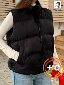 SHEIN Teenager Mädchen schwarze einfarbige lose warme Wattierte Weste, vielseitige Wattierte Jacke, Schulanfang Winter Wattierte Weste - Schwarz - Übersicht 1