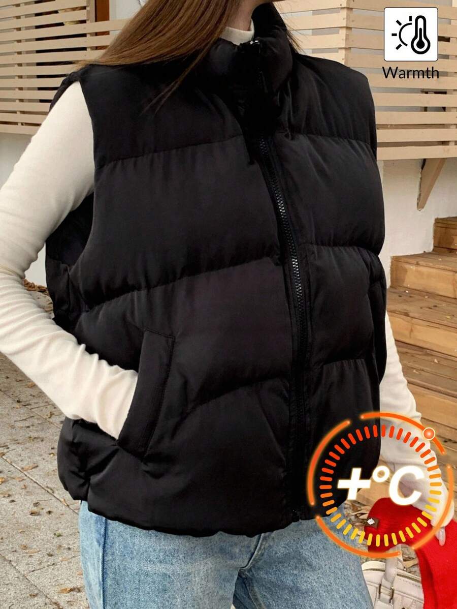 SHEIN Teenager Mädchen schwarze einfarbige lose warme Wattierte Weste, vielseitige Wattierte Jacke, Schulanfang Winter Wattierte Weste - Schwarz - Übersicht 1
