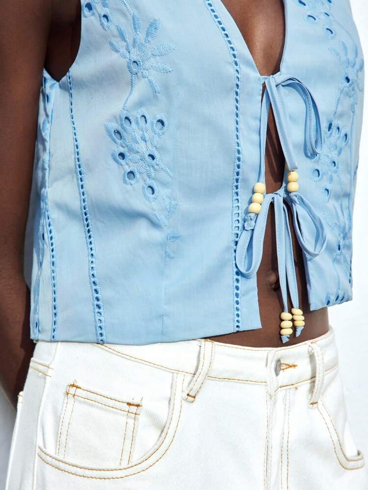 SHEIN Maija Women's V-Neck Burnout Textured Embroidered Front Tie Pearl Decor Camisole, Urban Business Casual Chic, Suitable For Music Festivals, Halloween, Christmas, Parties, Bohemian Vacation, Cold Shoulder Top Casual Blouses For Women