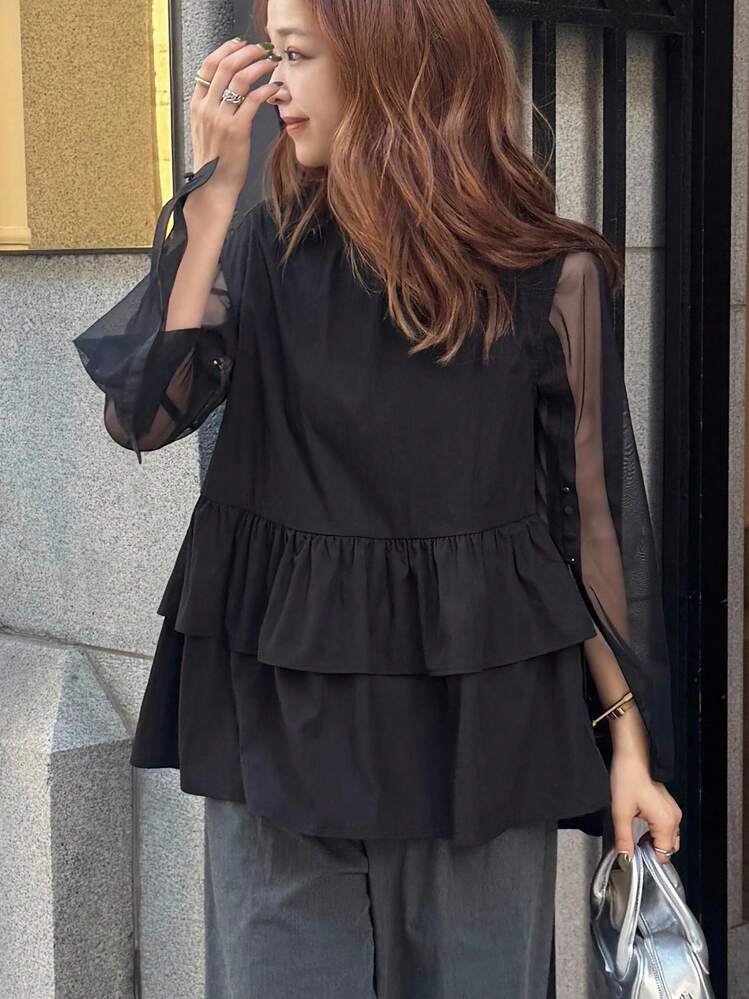 FRIFUL Women's Loose Fit Round Neck Layered Ruffle Hem Splice Casual Blouse, Autumn - Black - View 4