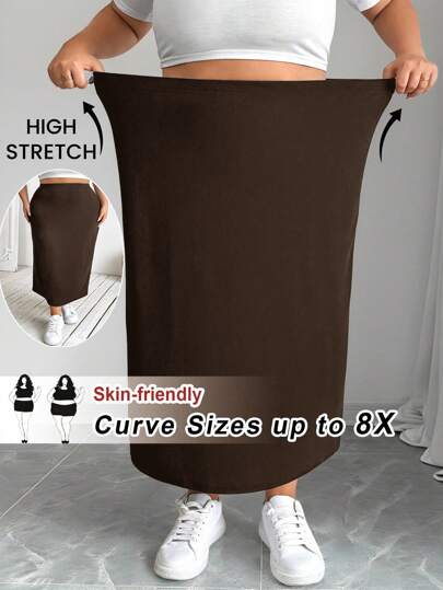 SHEIN CURVE+ Plus Size Women's Black Knit Elastic Bodycon Knee-Length Skirt