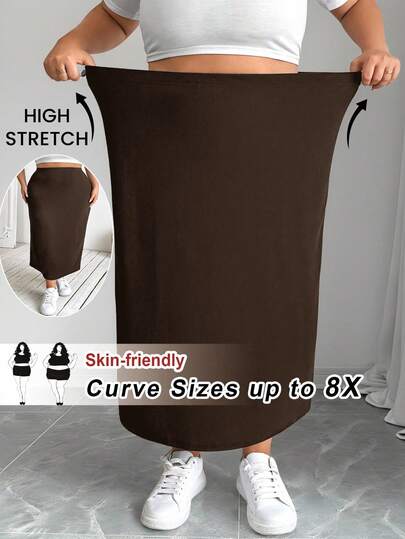 SHEIN CURVE+ 大码女式黑色针织弹力紧身及膝裙