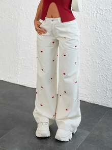 EURMUSE WOMEN WIDE LEG LOW WAIST HEART EMBROIDERY DETAIL JEANS - White - View 4