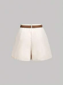 SHEIN MOD 大码女式 70 年代复古桃色褶皱百慕大短裤，附赠棕色皮带 - 波西米亚、西部、垃圾朋克风格，非常适合度假、节日和休闲穿着 - 杏色 - 查看 2