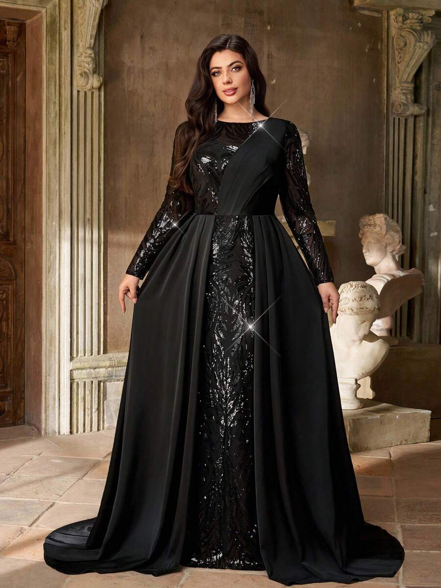 Aureia Đầm dạ hội cỡ lớn dành cho mùa thu đông, thanh lịch, lãng mạn, lộng lẫy, màu đen đính sequin, chất liệu satin, cổ tròn, tay dài xếp ly bất đối xứng, dáng ôm đuôi cá, thích hợp cho tiệc tối, tiệc độc thân, hẹn hò, kỳ nghỉ, lễ hội âm nhạc, mùa tựu trường, đám cưới, sự kiện, ngày Valentine.