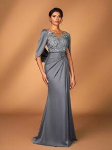 Serin Elegant Luxurious Embroidered Lace Sequin Patchwork Elastic Satin Ruffle Sleeve Mermaid Hem Dress, Suitable For Wedding, Party, Bachelorette Party, Vacation, Gala, Evening, Mother Of The Bride Dress, Valentine's Day - Army Green - View 8