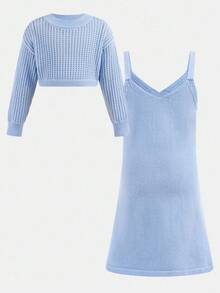 SHEIN Young Girl Loose Casual Minimalist Comfortable Round Neck Long Sleeve Sweater Dress Set,In Fall/Winter - Baby Blue - View 3