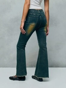 TypaGal Women's Autumn/Winter Casual Flared Jeans With Pockets And Eyelet Button Design - Dark Wash - View 2
