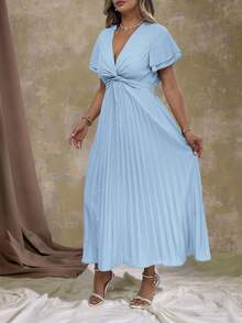 Roveilla 大码女式 V 领荷叶边荷叶边下摆短袖 A 字形连衣裙