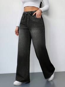 SHEIN Tall Women's Jeans Casual High Waist Wide Leg Trousers Blue Women's Jeans Baggy Jeans Y2k Jeans Wide Leg Jeans Jeans With Drawstring High Waisted Jeans Romwe Jeans Women Jeans High Waist,Black Jeans - Black - View 5