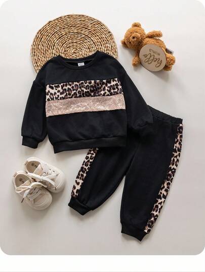 女婴可爱拼色豹纹卫衣和裤子套装，秋冬