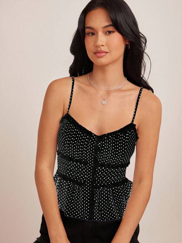 WESTFADE 波点蕾丝V领纽扣吊带褶皱荷叶边无袖上衣，波西米亚风、乡村风、西部风女装，适合秋季、冬季穿着，休闲可爱吊带衫