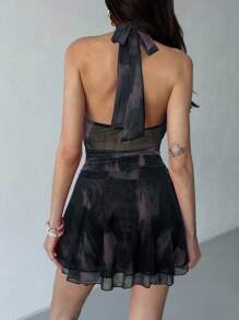 Aloruh Váy ngắn hở lưng không tay họa tiết cọ vẽ cổ tròn xuân/hè mới, viền xếp ly nhiều lớp, thích hợp cho ngày lễ, hẹn hò, trà chiều, nghỉ dưỡng, lễ hội âm nhạc, phong cách Boho - màu đen - Xem 2