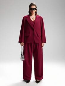 LYSMO 大码纯色有领背心和裤子套装 - 酒紅色 - 查看 5