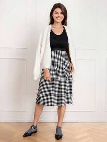 SHEIN LUNE Women Houndstooth Pleated Skirt, Elegant Autumn Valentine's Day New Years Women Spring - Black and White - View 2