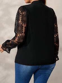 Plus Size Women Elegant Versatile Polo Collar Lace Jacquard Patchwork Blouse Fall Cloth For Women - Black - View 2