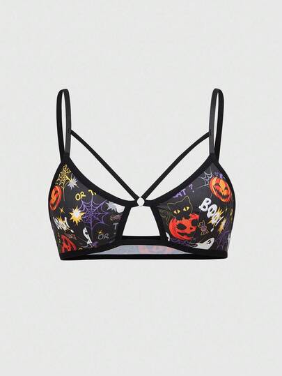 Soutien-gorge sans fil gothique d'Halloween avec motifs effrayants de fantôme, citrouille, toile d'araignée et chat noir pour femmes