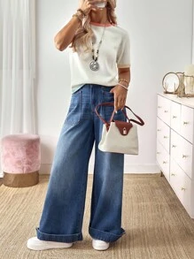 EMERY ROSE 女士休闲日常水洗阔腿牛仔裤 - 藍色 - 查看 6