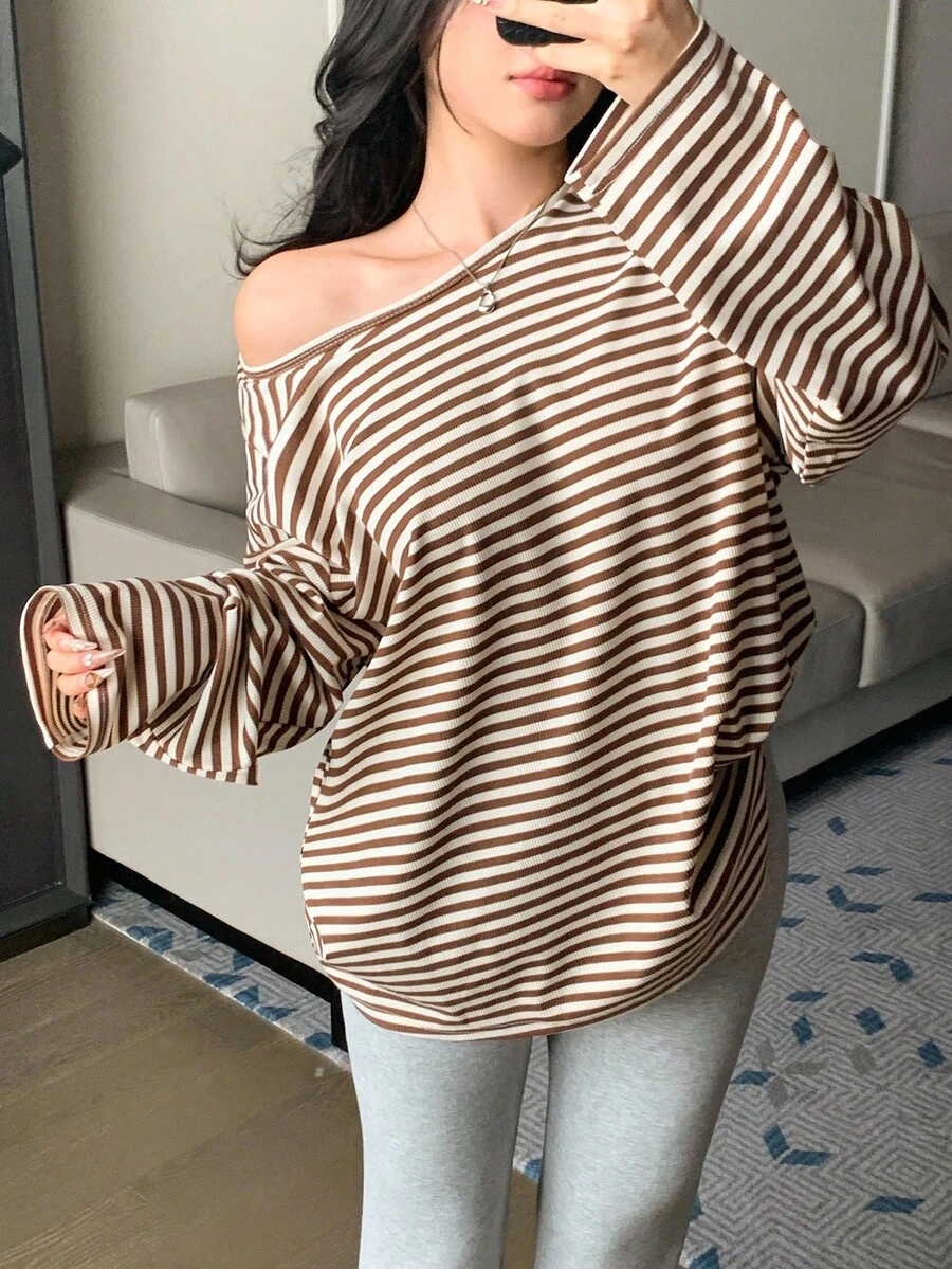 DAZY 女士宽松休闲条纹拼色长袖T恤，基本款长款上衣，适合秋季、春季和夏季 - 巧克力棕 - 查看 1