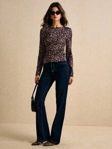 Poéselle Camiseta de mujer de moda con estampado de leopardo, parte delantera larga y parte trasera corta, top con estampado de guepardo, top para salir, nuevo año para mujeres, dinero viejo, elegante para mujeres, elegante para mujeres, otoño/invierno - Marrón - Ver 4