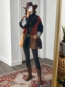 LanaWest Women's Pattern Patchwork Design Loose Flare Sleeve Casual Daily Versatile Woolen Autumn/Winter Jacket - Multicolor - View 4