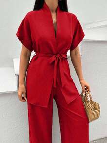 EURMUSE Casual Solid Color Shirt & Pants Set - Red - View 3