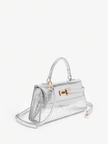 SHEIN BAE 时尚高端金属鳄鱼压纹迷你手提包 - 銀色 - 查看 3