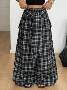 Coolane Fall Clothes For Women Going Out Streetwear  Plaid Woven Tie-Waist Wide Leg Loose Casual Pants Plaid Pants Checkered Pants - Multicolor - View 5
