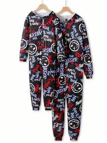 Men's Long Sleeve & Pants Hooded Jumpsuit With Smiling Face Graffiti Elements, In Red & Blue Colors, Combining Vibrant Street Style, Casual & Exaggerated Dynamic Look Hooded Pajamas, Fall