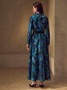 MOTF PREMIUM ALLOVER FLORAL PRINT LANTERN SLEEVE BELTED SHIRT DRESS - Multicolor - View 4