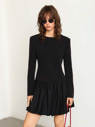 ATUI Studio 女式纯色圆领长袖单排扣荷叶边下摆休闲连衣裙