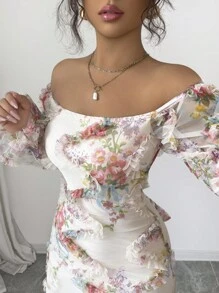 Rafferiza Váy trễ vai thanh lịch, lãng mạn, thắt eo, dài vừa phải dành cho nữ - Nhiều màu - Xem 4