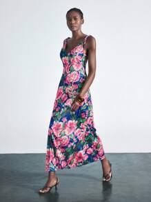 Maija 优雅花卉印花缎面连衣裙，适合海滩、音乐节、婚礼宾客、早午餐、波西米亚风格、女士生日装、秋冬 - 粉色 - 查看 3