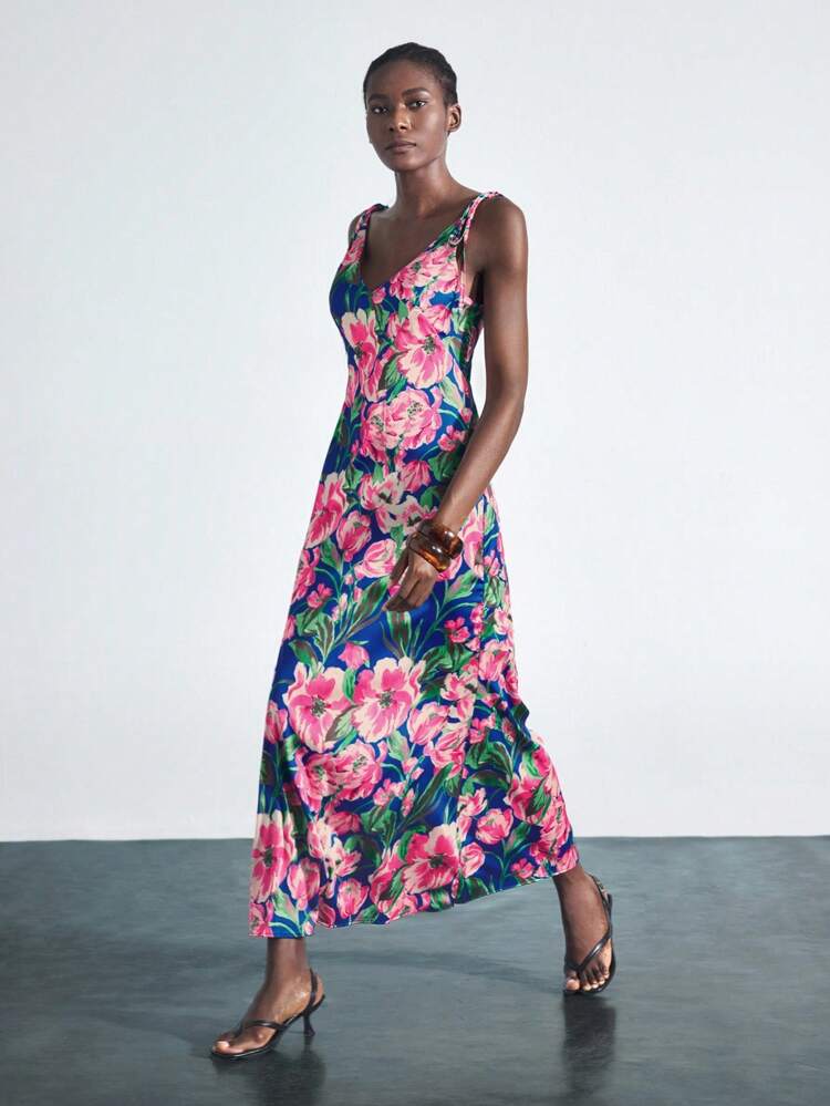 SHEIN Maija エレガントな花柄サテンドレス、ビーチ、音楽フェス、結婚式の来賓、ブランチ、ボヘミアンスタイル、女性の誕生日の服装、秋冬に適しています