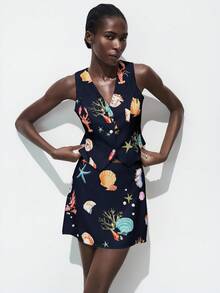 Maija Set da 2 pezzi composto da gilet monopetto con motivo a stelle marine e conchiglie e minigonna, stile urbano casual business, adatto per spiaggia e resort, stile bohémien - Blu Navy - Visualizzare 6