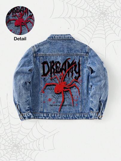 SHEIN Chaqueta corta de manga larga con cuello rasgado, estampado de araña roja y negra, en denim azul para niño